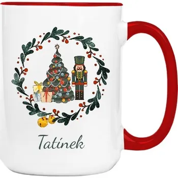 Hrnek velký barevný s potiskem Vánoční věnec s dřevěným vojáčkem a s upravitelným textem