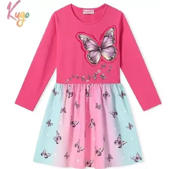 Dívčí šaty Dívčí šaty s dlouhým rukávem Kugo SS3628 růžové (Moderní šaty pro dívky s motýly)