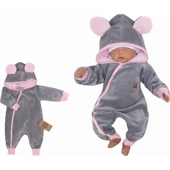 Dětský overall Z&Z Velurový dětský overálek s kapucí a oušky - šedo,růžový Velikost: 62 (2-3m)