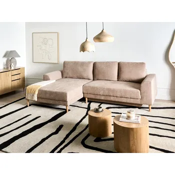 Pohovka 3místná rohová rozkládací pohovka s úložným prostorem světle hnědá žinylkové čalounění pravostranná s područkami moderní styl obývací pokoj Beliani