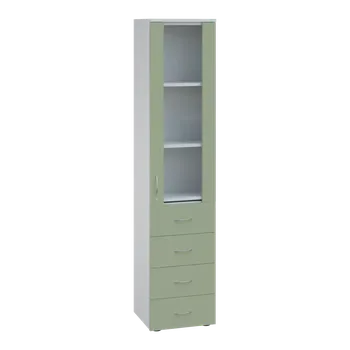 Šatní skříň LE - 44 skříň léková prosklená, pravá, korpus bílý, dvířka šedo-zelinkavá