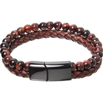 Náramek Pánský náramek s pravými kameny tygří oko a koženkovým zapleteným páskem 43022.3 hnědý 22cm