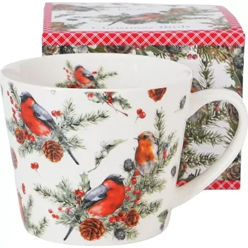 Porcelánový vánoční hrnek Ptáčci a Cesmína 600 ml (Hrnek s ptákem, ptáček, Vánoce)