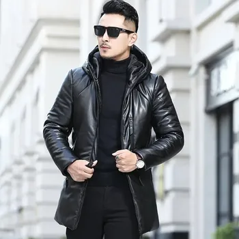 Hodinky Leather Fashion Zimní kožený kabát s kapucí v prodlouženém střihu Barva: Černá, Velikost: 2XL