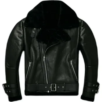 Moto bunda Leather Fashion Zimní bunda z ovčí kůže s páskem a šikmým zipem Barva: Černá, Velikost: S