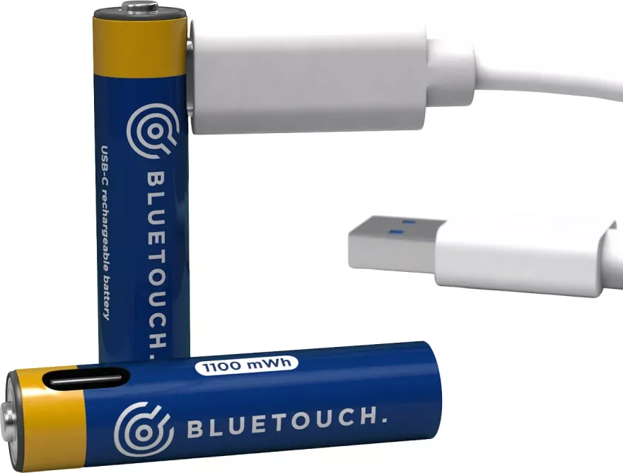 *BlueTouch USB-C nabíjecí baterie AAA 1,5 V 1100mWh/0,74 Ah – Li-Ion tužkové články s USB-C nabíjením, 2 ks (Nabíjecí baterie mikrotužková AAA, Li-Ion článek, životnost 1000 nabíjecích cyklů, napětí až 1,5 V, 1100mWh/0,74 Ah, 2 ks v balení)