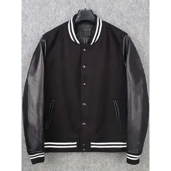 Moto bunda Leather Fashion Kabát z vlny a kůže v elegantním zimním stylu Barva: Černá, Velikost: 4XL