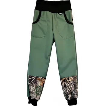 ZÁHOŘÍ Rudel ZÁHOŘÍ Dětské softshellové kalhoty - zelené s kamufláží Velikost: 146