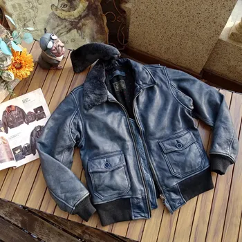 Moto oblečení Leather Fashion Kožená bunda v leteckém stylu G1 z pravé hovězí kůže Barva: Modrá, Velikost: 2XL