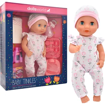 Panenka Dolls World - Miminko Baby Tinkles 38 cm pije a čůrá + bohaté příslušenství
