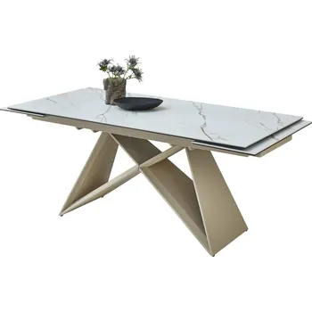 Jídelní stůl Rozkládací jídelní stůl JAMIRO sklo+keramika, bílý mramor, podnož béžová matná 180(220/260)x90