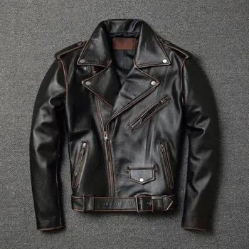 Moto oblečení Leather Fashion Kožená bomber bunda s retro šikmým zipem a ležérním střihem Barva: Hnědá, Velikost: L