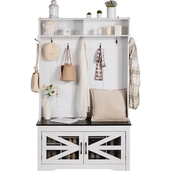 Věšák Vevor Věšáková stěna dřevěná s lavicí, 7 háčků, police, USB, bílá