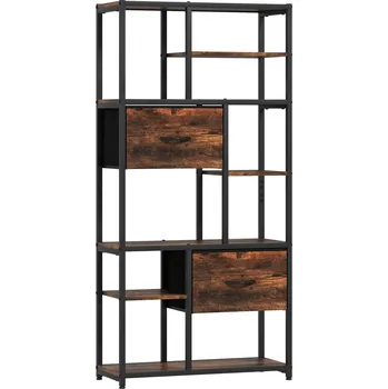 regál Regál na knih s ocelovým rámem a 2 látkovými zásuvkami | rustikálně hnědý