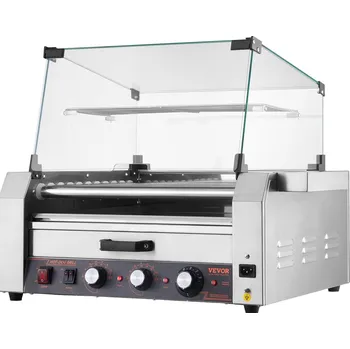 Zahradní gril Vevor Válečkový gril na hot dogy 30 ks, 11 válečků, 2400W, nerez, s krytem