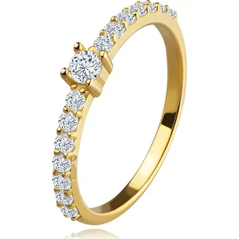 Prsten Prsten ze stříbra 925 - vyvýšený zirkon uprostřed, ramena se zirkony, pozlacený - Velikost: 58