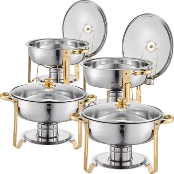 Vevor Ohřevný bufetový set 4 ks, 5 Qt, nerez, 4 pánve, skleněné víko, zlatá