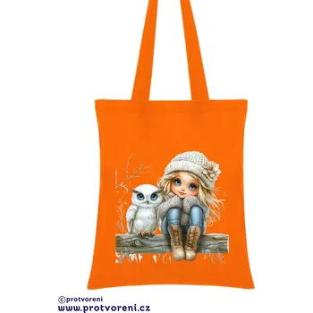 Nákupní taška Taška s potiskem Textilní taška, HOLČIČKA SE SOVOU 1, 41x37cm, mix barev, 1 ks Vyberte si barvu ZDE:: oranžová