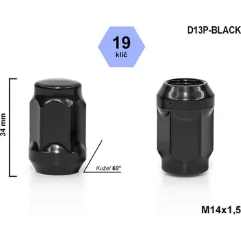 Matice na kolo Kolová matice M14x1,5 kužel zavřená, klíč 19, D13P-BLACK, výška 34mm