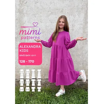 Dívčí šaty Dívčí střih na šaty Alexandra kids 6v1, 128 - 170, el. formát | MIMI patterns - 158 (A0) profi tisk