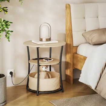 Konferenční stolek Moderní kulatý stolek s vestavěnou nabíjecí funkcí | přírodní