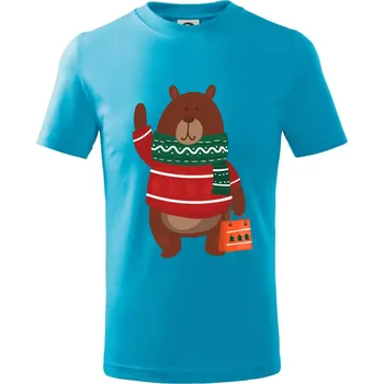 Chlapecké tričko Medvěd s dárkem - Tričko dětské bavlněné - 98 cm / 2 roky ( Světlý tyrkys )