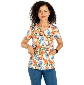 Zdravotnický oděv Lékařský plášť s květinovým potiskem a třemi nakládanými kapsami