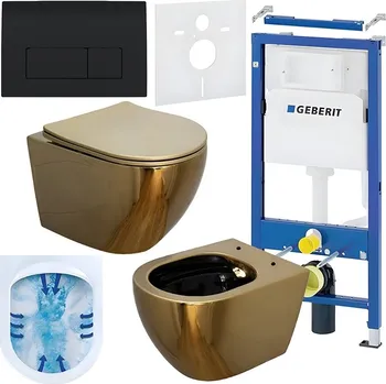 Klozet BPS-koupelny Podomítkový modul Geberit DuoFix s WC mísou MU-GL-BL-RIM-03 + ovládací tlačítko Delta 50 černá lesk