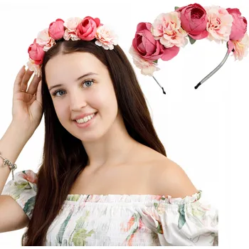 Čelenka Květinová čelenka růžová s pivoňkami a karafiáty boho styl Věnec Růžový
