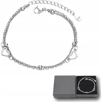 Náramek Dámský stříbrný náramek s dvojitým řetízkem, srdíčkem a kuličkami - Valentýnský