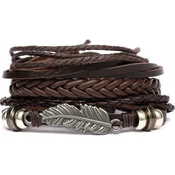 Náramek 3x Pánský kožený náramek Elegantní Korálky Peří Řemínek Sada MEN