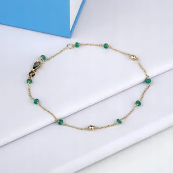 Náramek Zlatý dámský náramek 585 s kuličkami a smaragdy, jemný, 17+2 cm