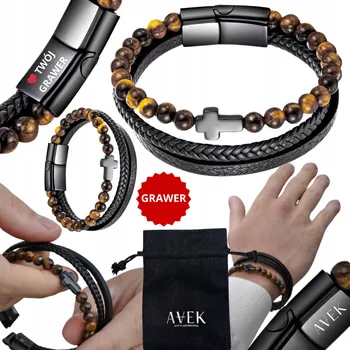 Náramek PÁNSKÝ KOŽENÝ NÁRAMEK S KŘÍŽEM S GRAVÍROVÁNÍM GRAVÍROVÁNÍ HNĚDÝ KŘÍŽ 23 CM