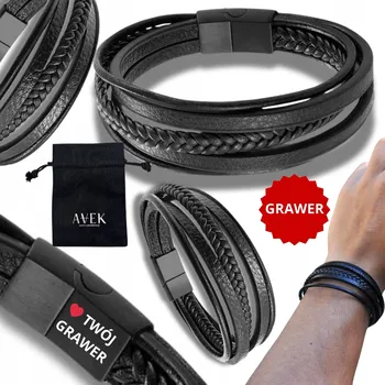 Náramek PÁNSKÝ KOŽENÝ NÁRAMEK S GRAVÍROVÁNÍM GRAVÍROVÁNÍ ČERNÝ Z KŮŽE DÁREK 21 CM