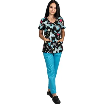 Zdravotnický oděv Lékařský oblek blackbutterfly s potištěnou halenkou a elastickými kalhotami