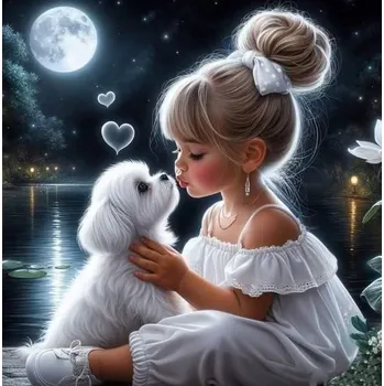 Obraz Diamantová Mozaika Malá Holčička Se Psem V Noci 30x40 Cm