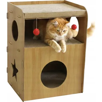 ŠKRABADLO PRO KOČKY KARTONOVÉ MDF PELÍŠEK DOMEČEK VELKÝ BOUDA S HRAČKAMI