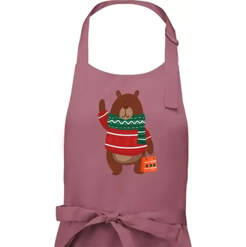 Kuchyňská zástěra Medvěd s dárkem - Pánská zástěra na vaření - Univerzální velikost ( Starorůžová )