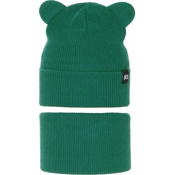 Čepice Zelená souprava jaro podzim ČEPICE s oušky + NÁKRČNÍK žebrovaný medvídek 50-52