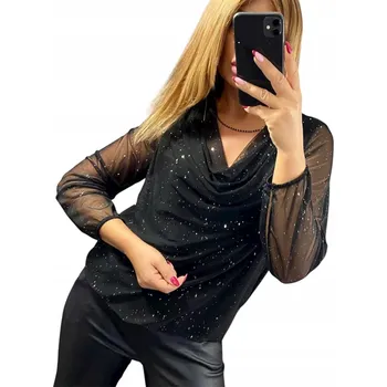 Dámská halenka B1176 SÍŤOVANÁ LESKLÁ HALENKA S SPLÝVAVÝM VÝSTŘIHEM ČERNÁ vel. 50 (5XL)