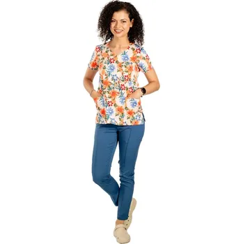 Zdravotnický oděv Strečový lékařský oblek s květinami, potištěnou halenkou a strečovými džínovými kalhotami se stahovací šňůrkou a gumou