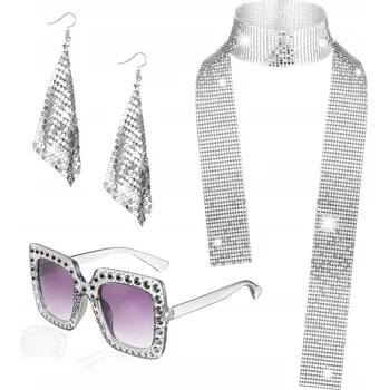 Karnevalový kostým KOSTÝM AKCESORIA DAMSKIE DISCO LATA 70 80 STŘÍBRNÉ FLITRY NA PLES A PŘEVLEK