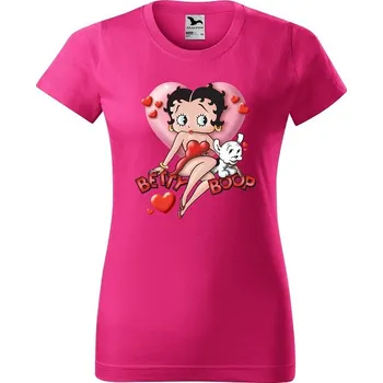 Dámské tričko levne-damske-bavlnene-tricko-potisk-Betty-Boop-srdce Velikost dámská trička Basic: XL šířka 56, délka 67, Odstín dámské tričko Basic: Fuchsiové