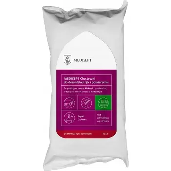 Dezinfekce MEDISEPT Ubrousky pro dezinfekci rukou a povrchů 50 Ks. Zdravotnický prostředek. Čtěte pozorně příbalový leták/návod k použití. O vhodném užití se poraďte se svým lékařem