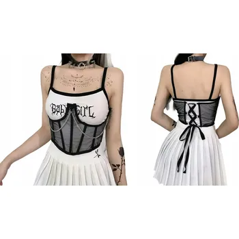 Korzet Dámský gotický korzet ze síťoviny s řetízky pod prsy - S