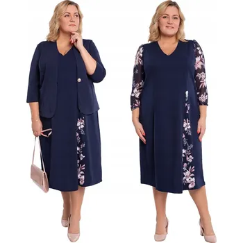 Dámské šaty Tmavě modré šaty s šifonovými rukávy s květinovým vzorem, velikost 52/54