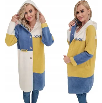 Dámský kabát DLOUHÝ PREMIUM VLNĚNÝ KABÁT ALPAKA S S KAPUCÍ MODRÁ-KRÉMOVÁ-HOŘČICOVÁ