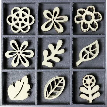 Vánoční dekorace Dřevěné ozdoby v boxu 45ks - rostliny