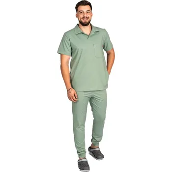 Zdravotnický oděv Pánský olivově strečový polo oblek s halenkou do v a teplákovými kalhotami, stahovací šňůrkou a gumou
