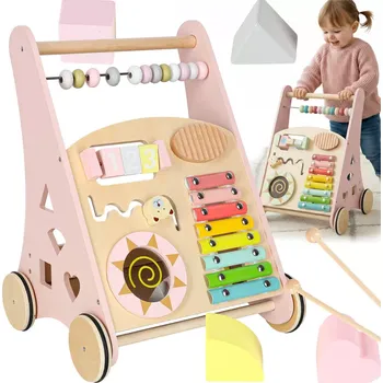 Dětské chodítko Dřevěný chodítko pchací s počítadlem a aktivitami, růžové